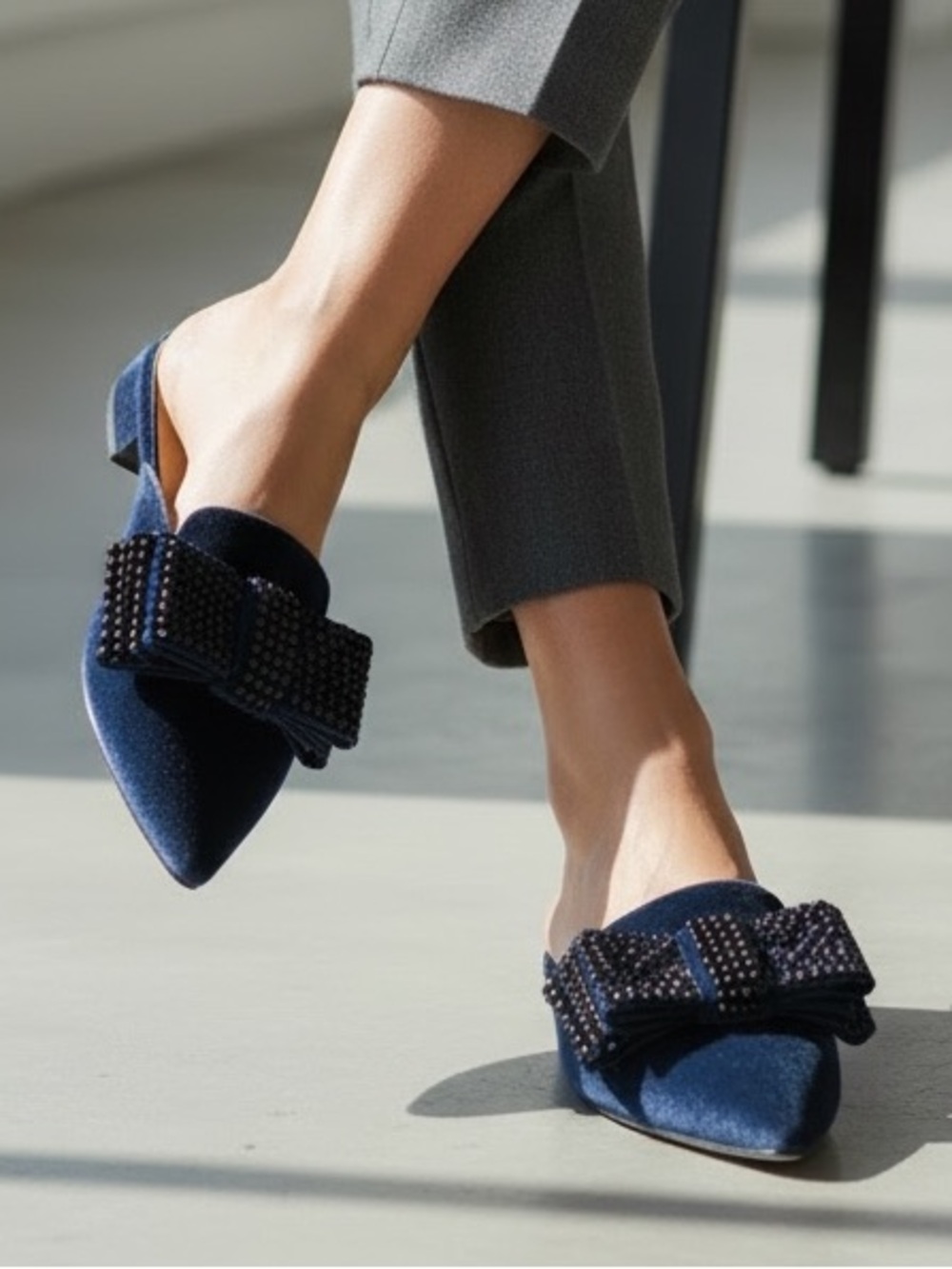 Alberta Ferretti Velvet Blue Bow Embellished Mules Flats EU 37 US 6 or 6.5